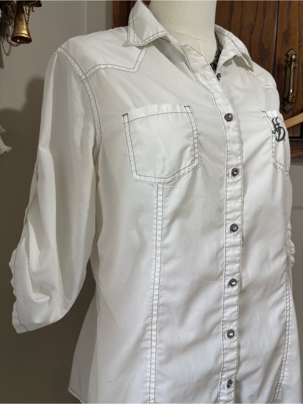 Harley Davidson White Winged Button Up Shirt Large Biker Moto Western Boho - Picture 7 of 15